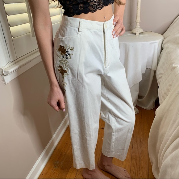 Posh Garden Pants - Spring Embroidered Brown & White Floral Wide Leg Cropped Pants